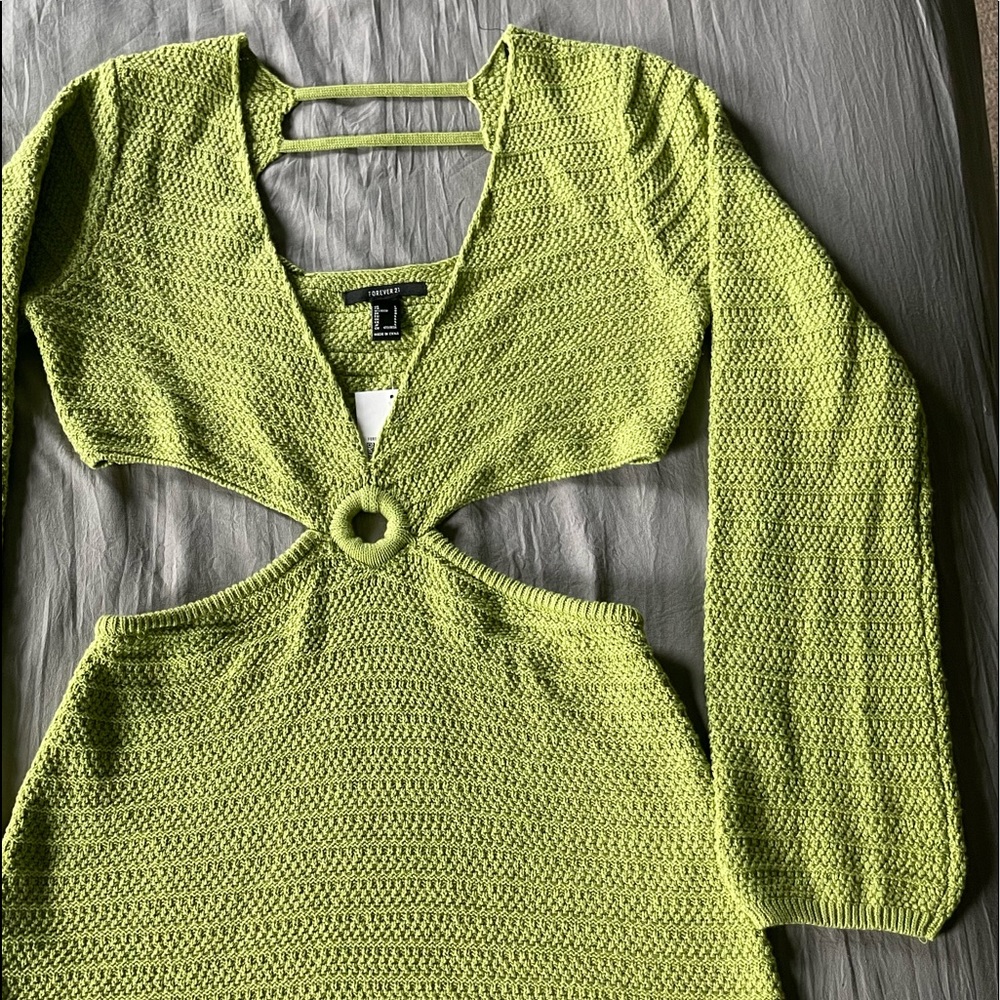 Forever 21 Crochet Cut Out Plunging V neck Mini Sweater Dress in Green L/XL